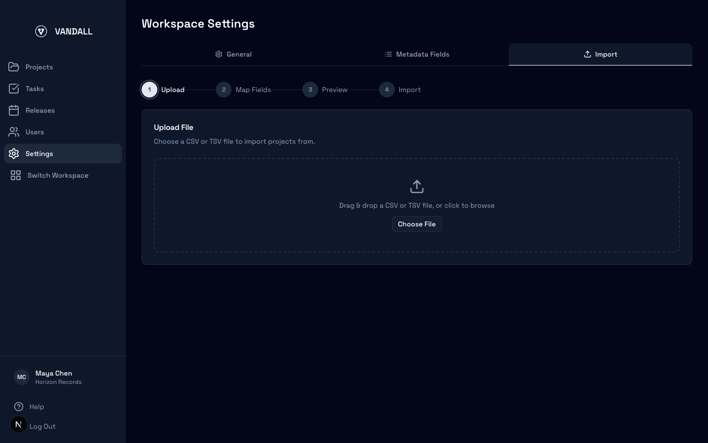 Import wizard Upload step showing file drop zone