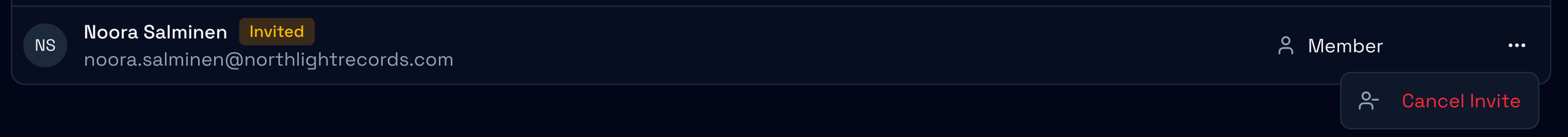 A pending invitation row for Noora Salminen with the Invited badge, and the ⋯ menu open on Cancel Invite