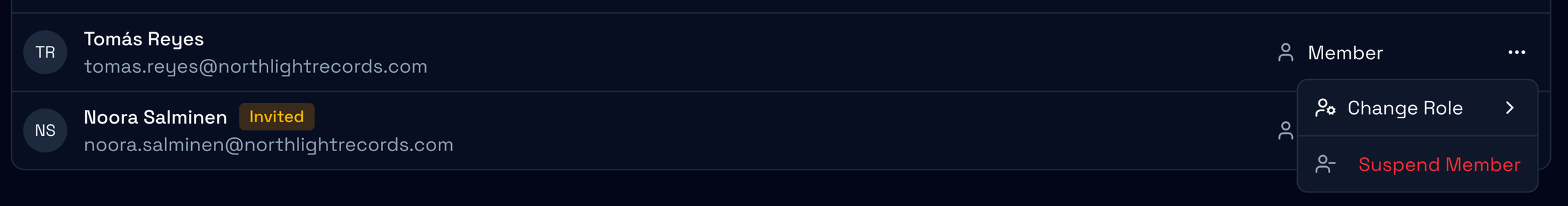A team member row with its Actions menu open, showing Change Role and Suspend Member