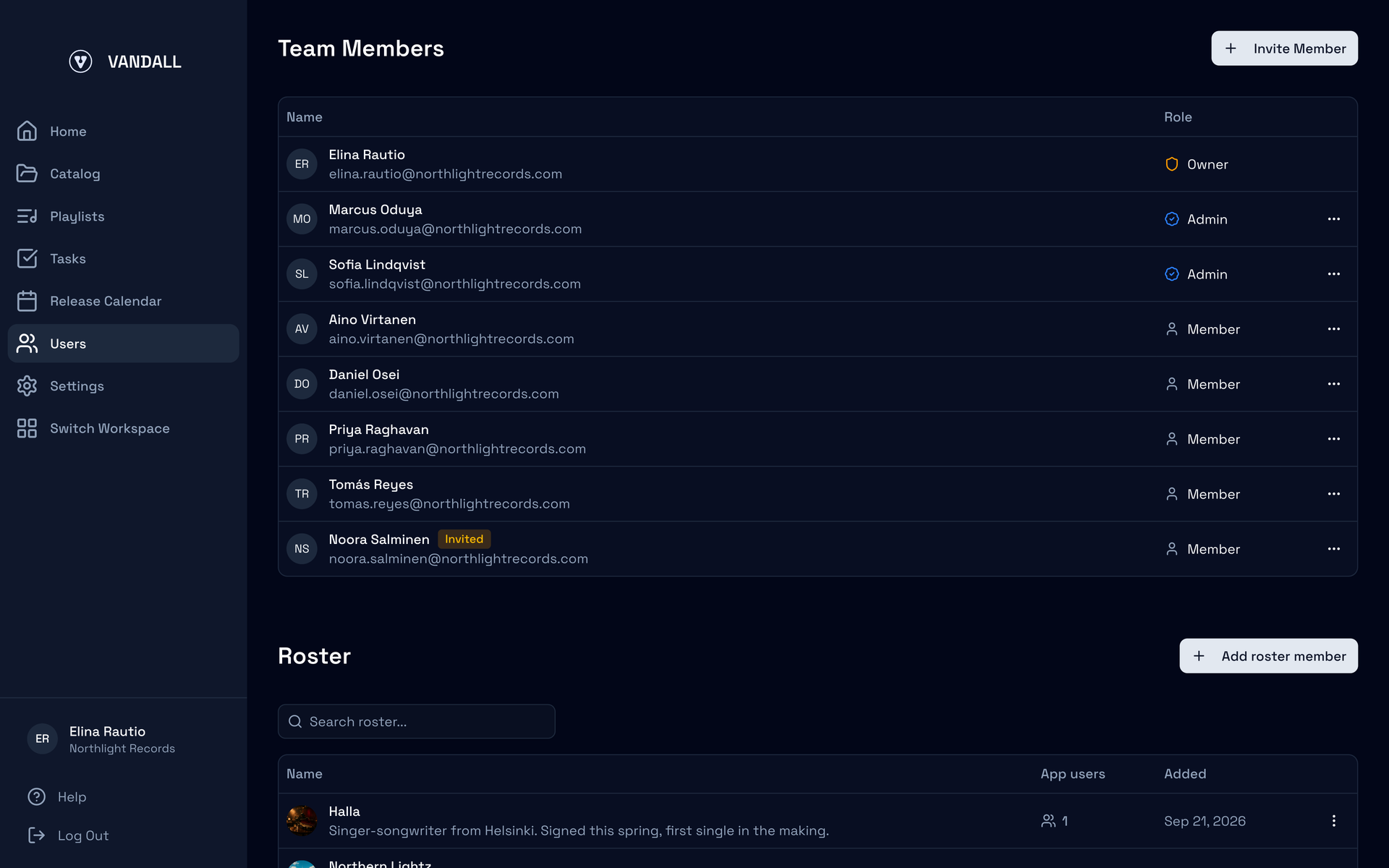 The Users page with the Team Members table and the Roster table, and the Invite Member button