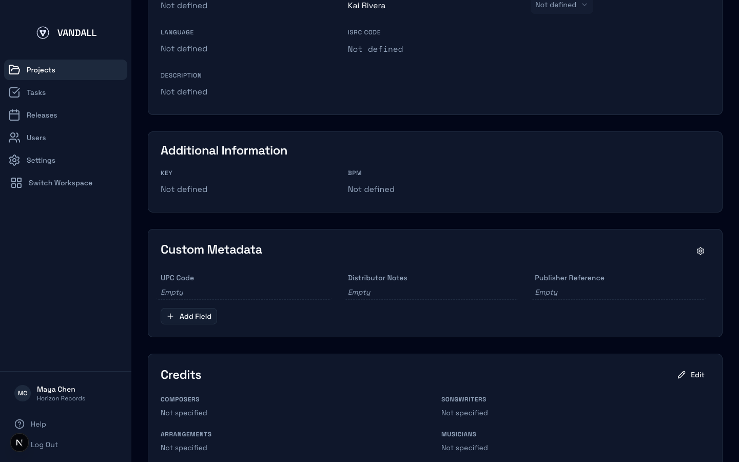 Credits card listing contributors grouped by role