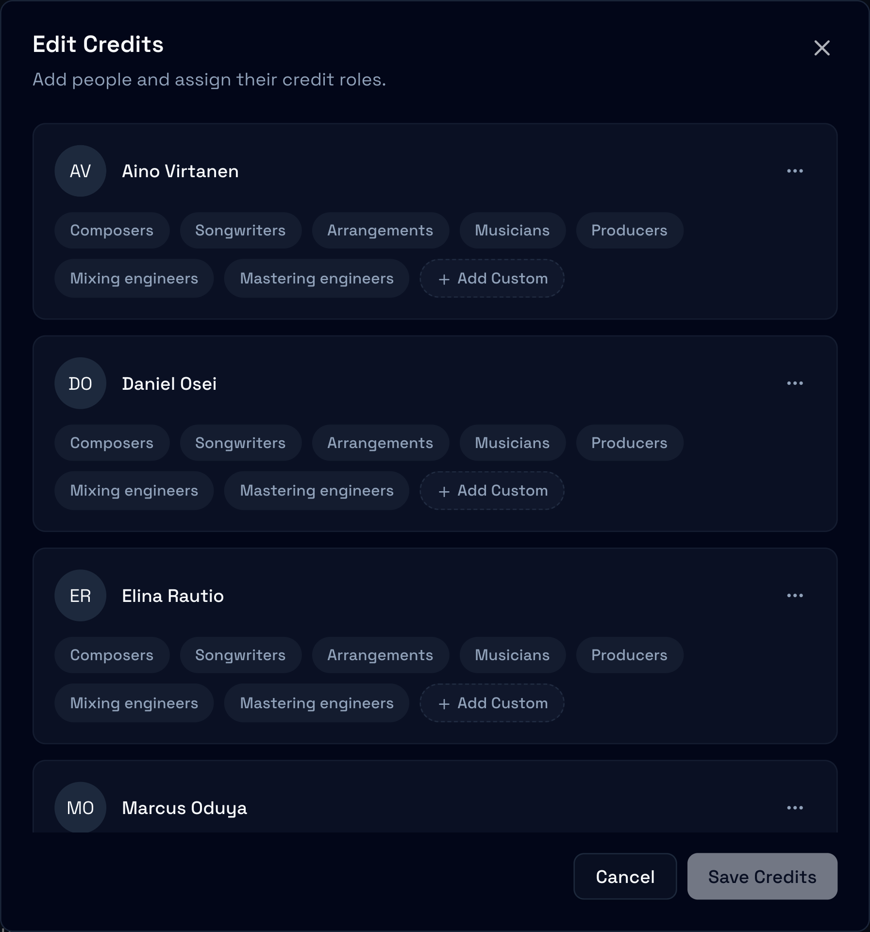 The Edit Credits dialog listing the credited people with their roles, and Save Credits
