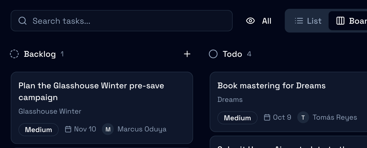 A new task card in Backlog reading Send the Freedom press kit to playlist curators, with Save and Cancel