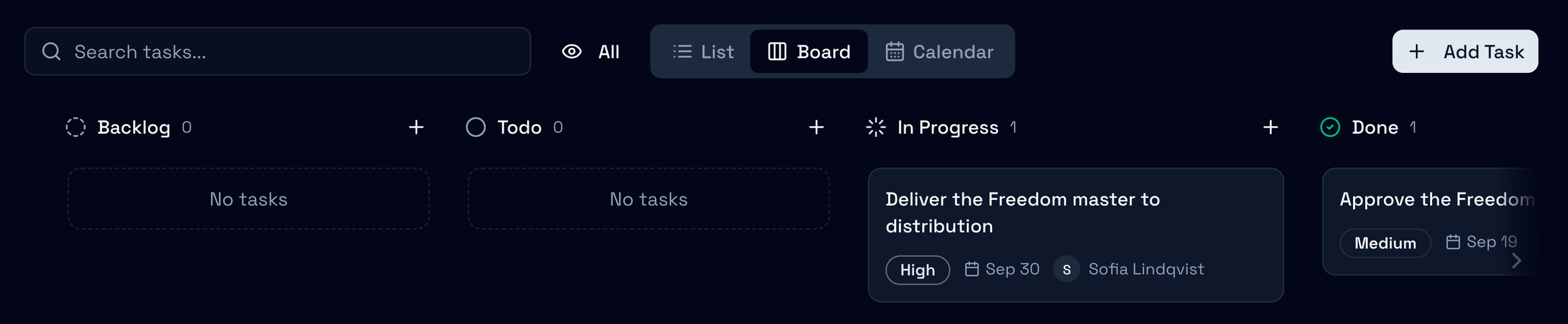 Freedom’s Tasks tab: Backlog and Todo empty with a plus button each, Deliver the Freedom master to distribution in In Progress, and a card in Done