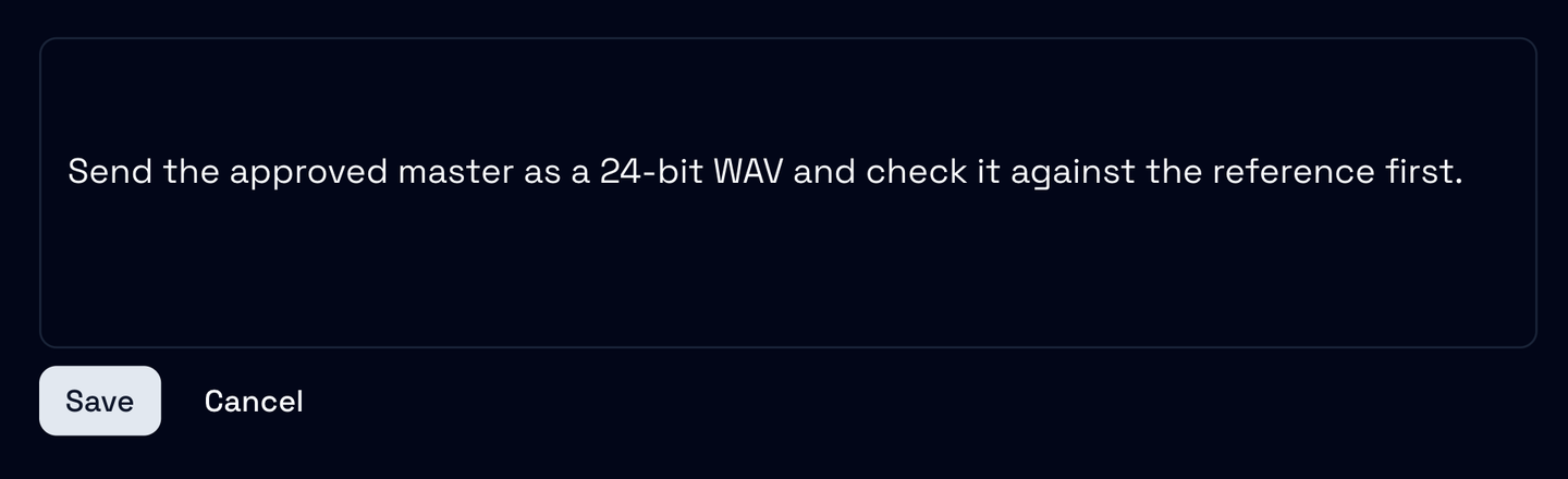 The description editor with a brief typed in, and Save and Cancel below