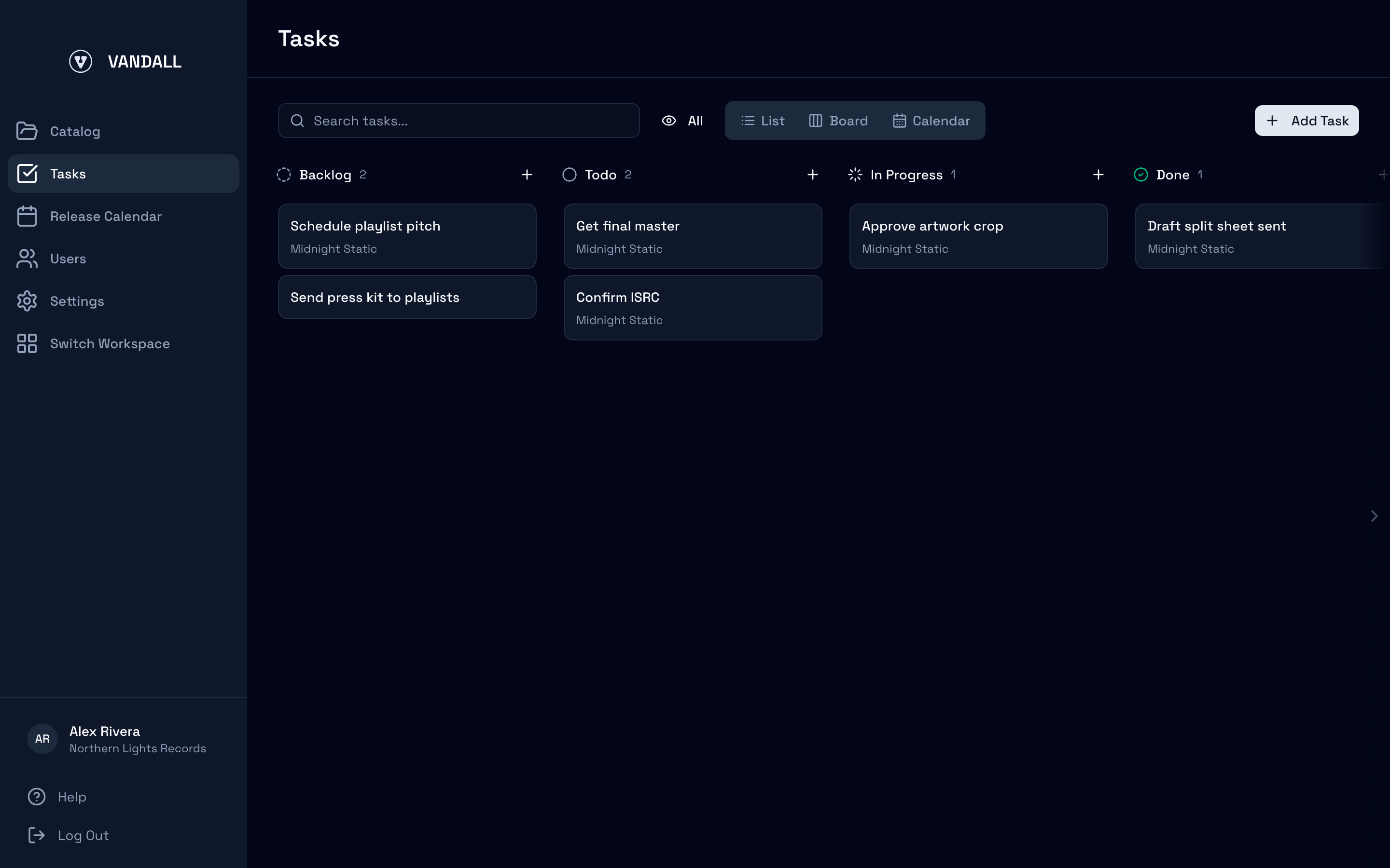 The Tasks board with cards in the Backlog, Todo, In Progress and Done columns