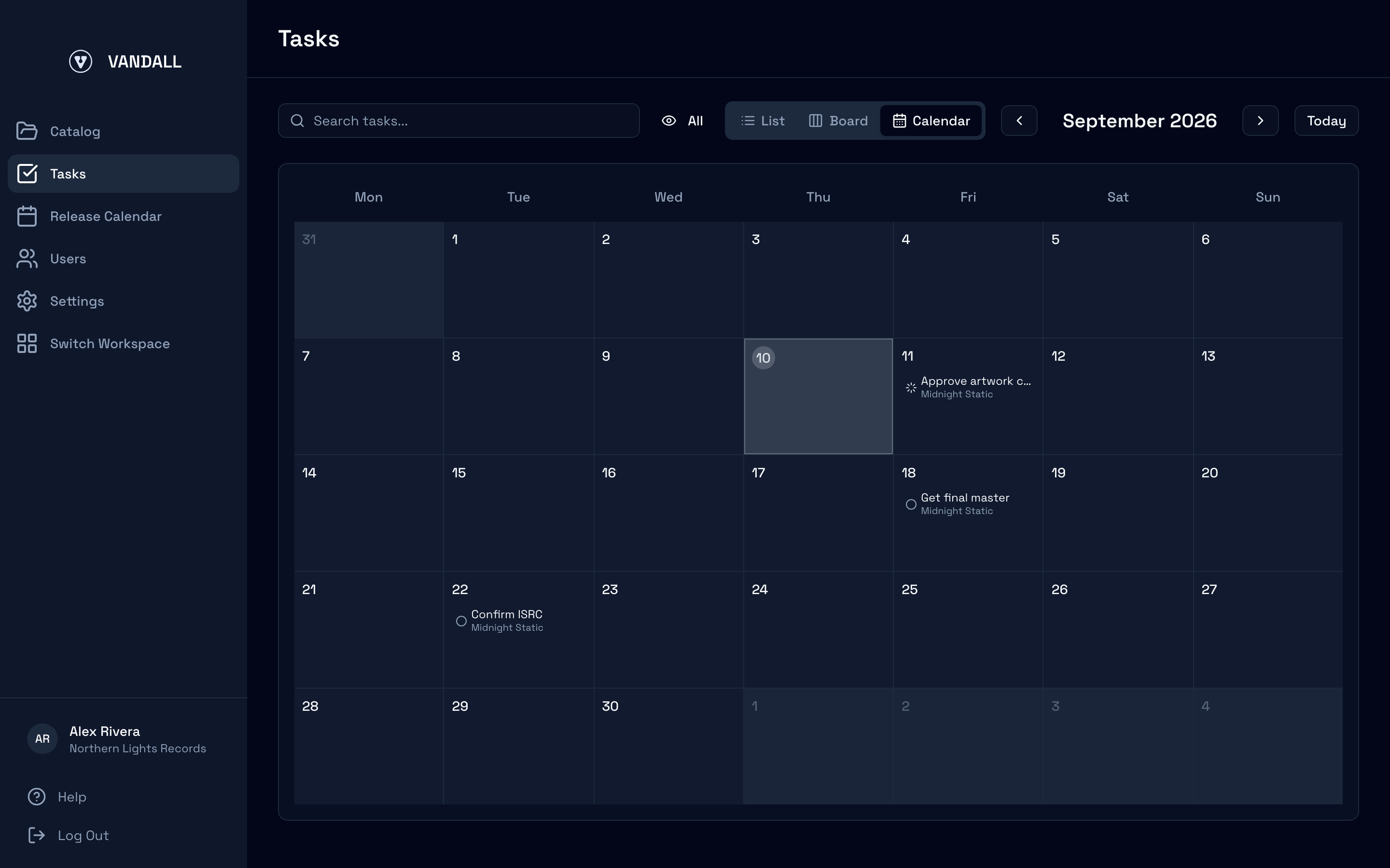 The Tasks calendar with dated tasks sitting on the days they are due