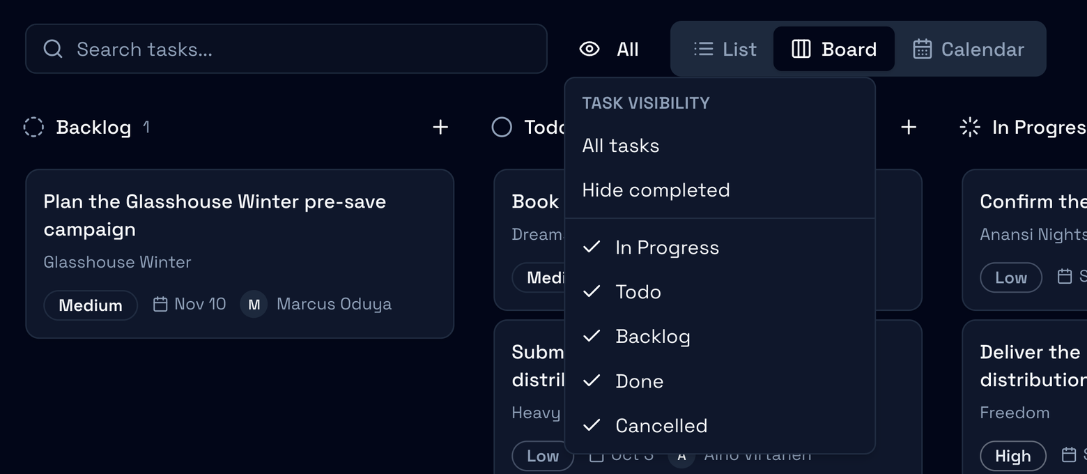 The Tasks toolbar with Search tasks, the visibility menu open on All tasks, Hide completed and one entry per status, and the List, Board and Calendar tabs