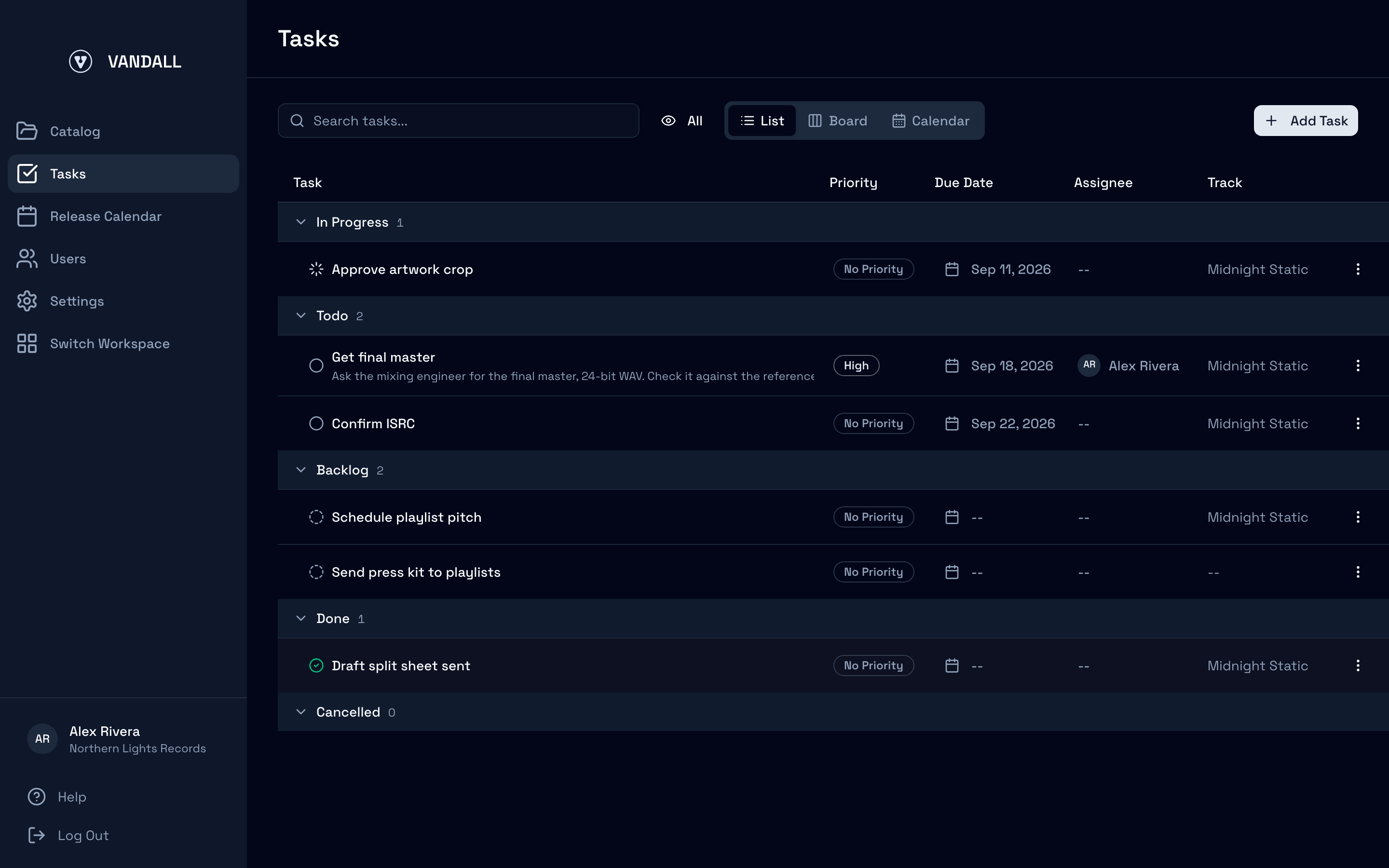 The Tasks list view with tasks grouped under status headings and sortable columns