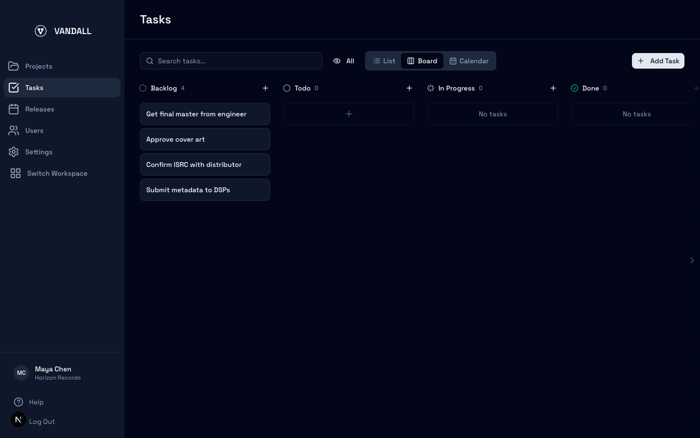 Tasks page showing task board with status columns