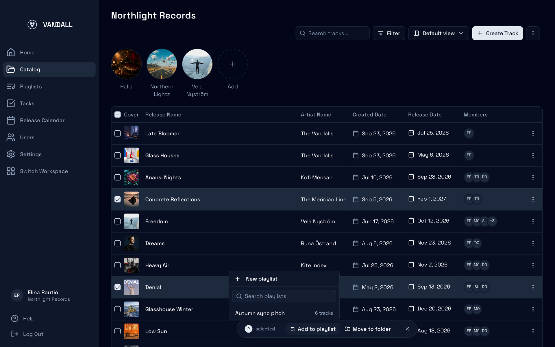 Two tracks ticked in the Catalog, the bar at the bottom showing 2 selected with Add to playlist and Move to folder, and the Add to playlist list open