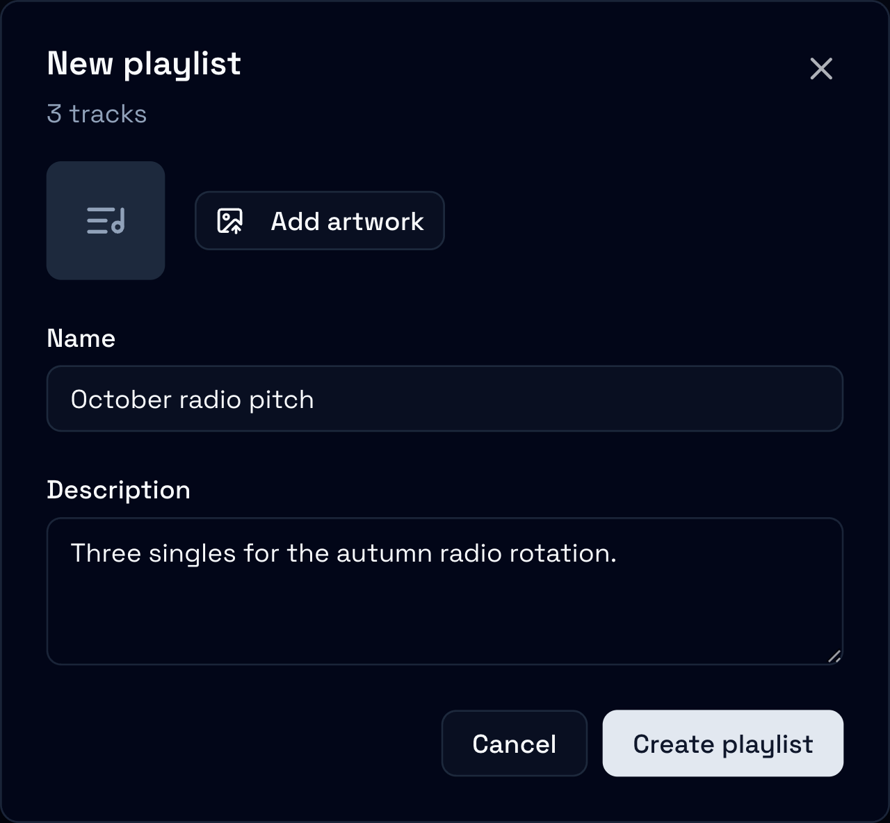 The New playlist dialog with October radio pitch as the name, a description, Add artwork, and the Create playlist button
