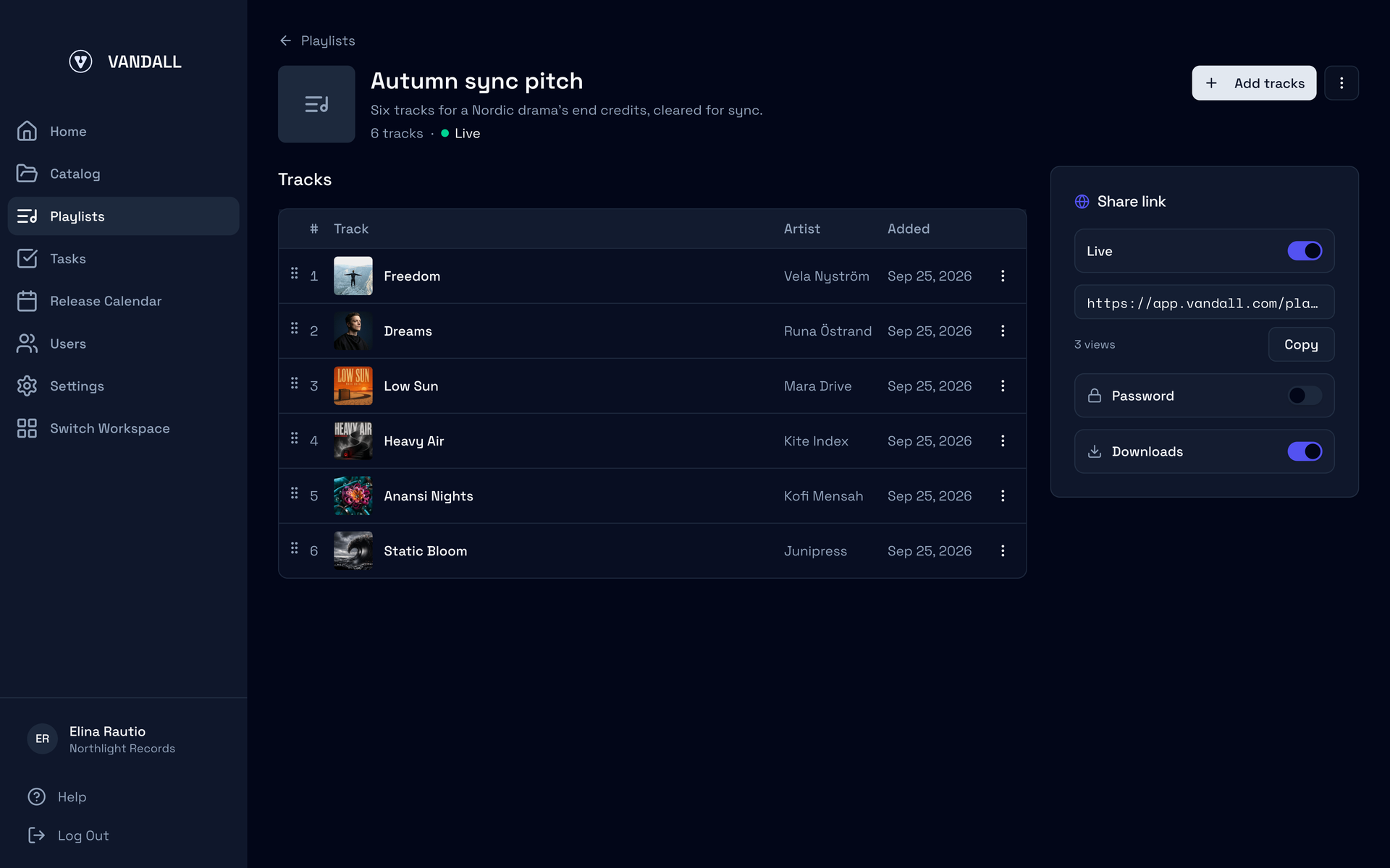 The Autumn sync pitch playlist with its six tracks in order, and the Share link card on the right with Live switched on, the link, Copy, Password and Downloads