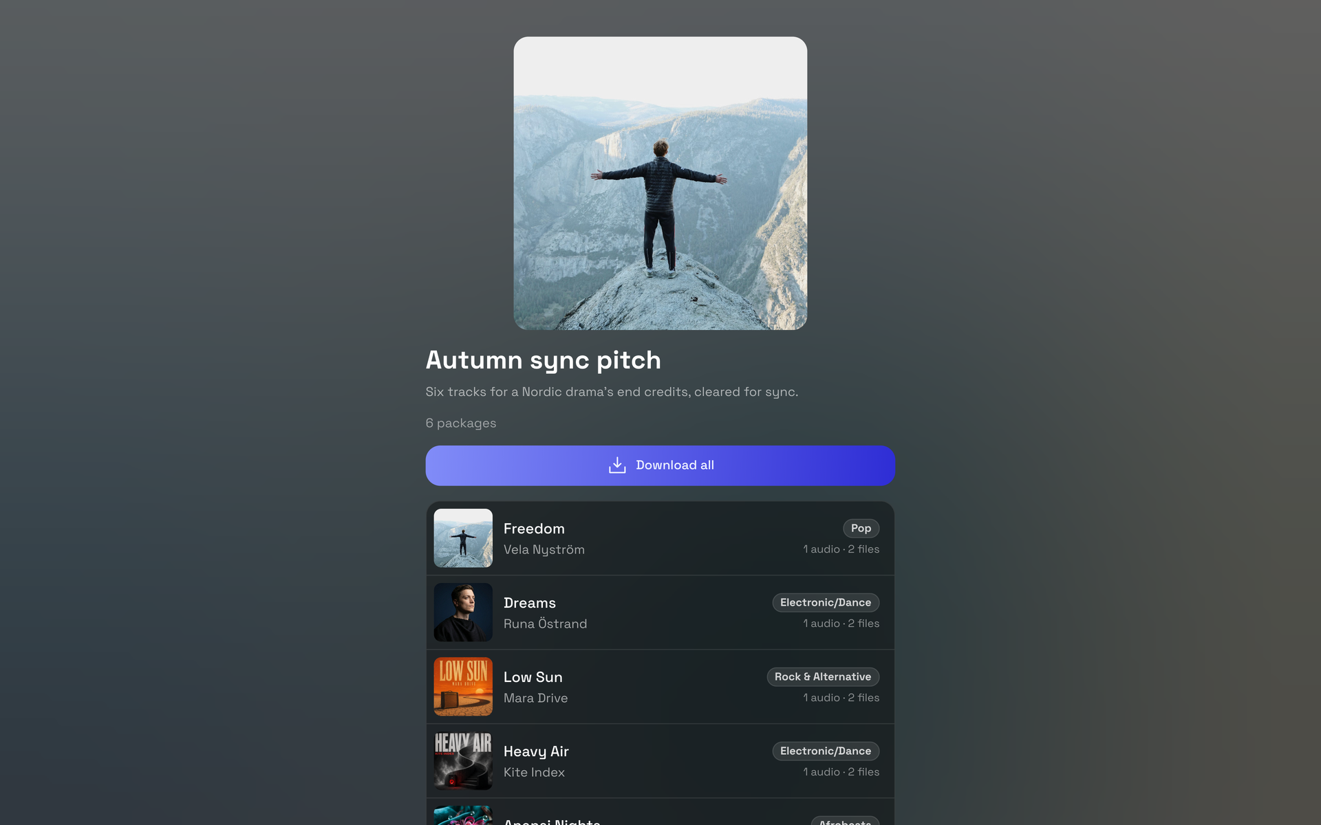 The shared playlist as the recipient sees it, without signing in: Autumn sync pitch, 6 packages, Download all, and the tracks with their covers
