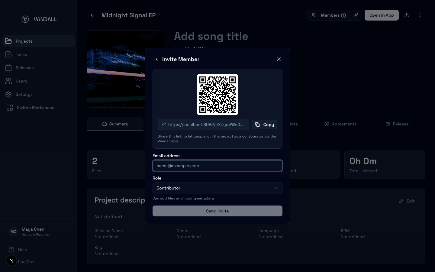 Project member invite dialog with email and share options