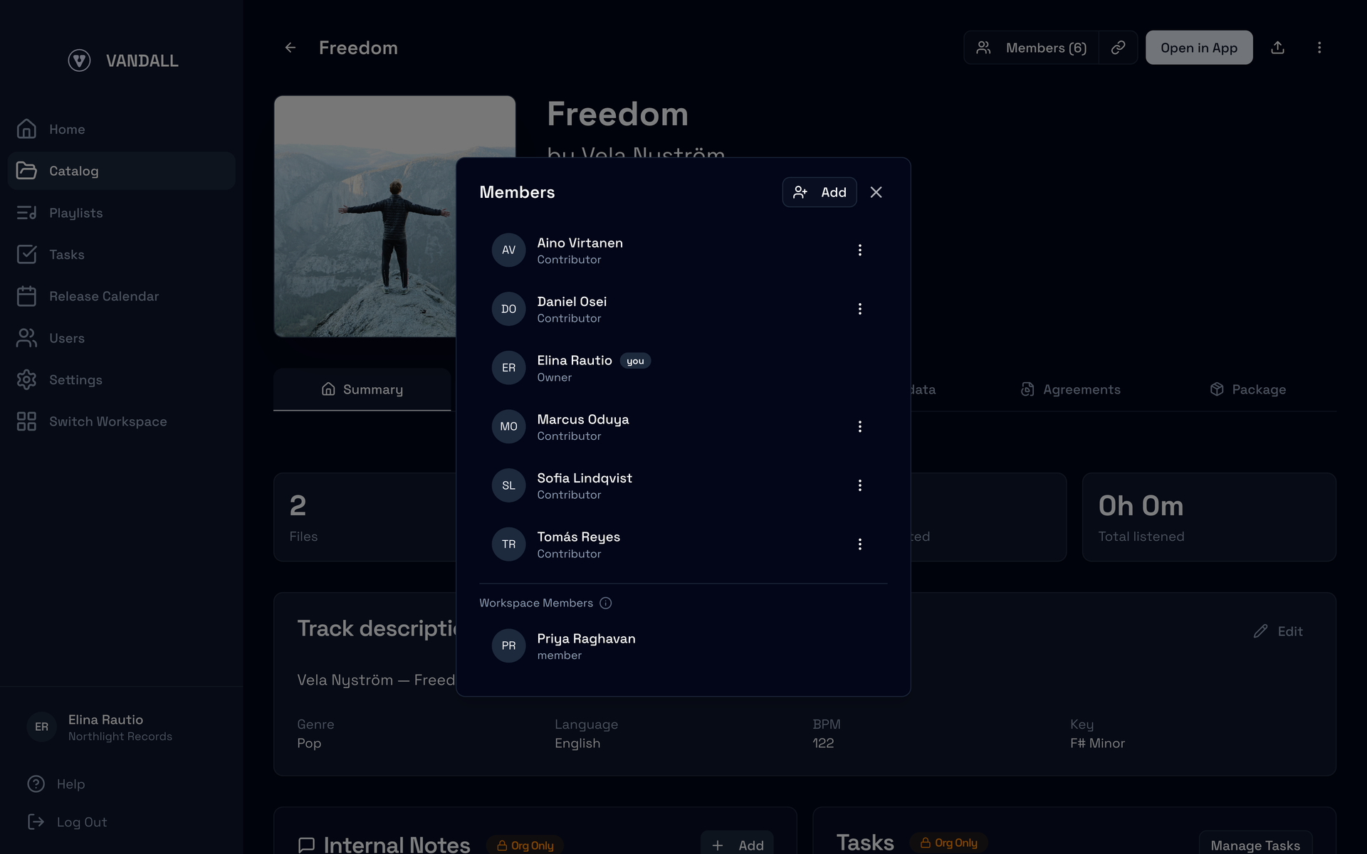 Freedom’s Members dialog: Elina Rautio as owner, five contributors including Daniel Osei and Tomás Reyes, Priya Raghavan under Workspace Members, and Add