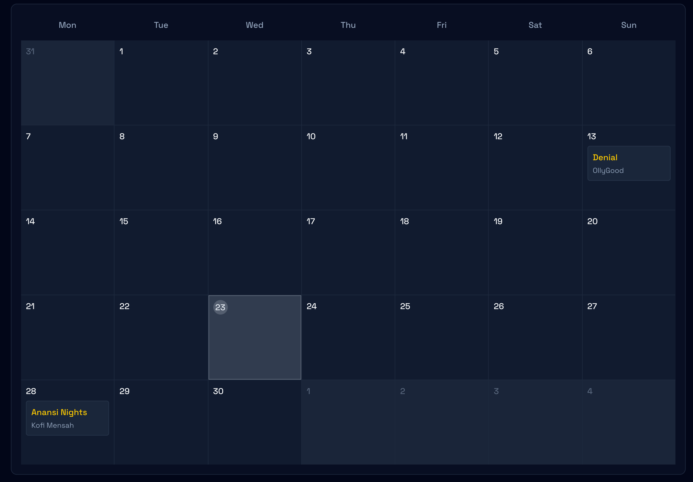 The month grid with Denial and Anansi Nights on their release days and today marked