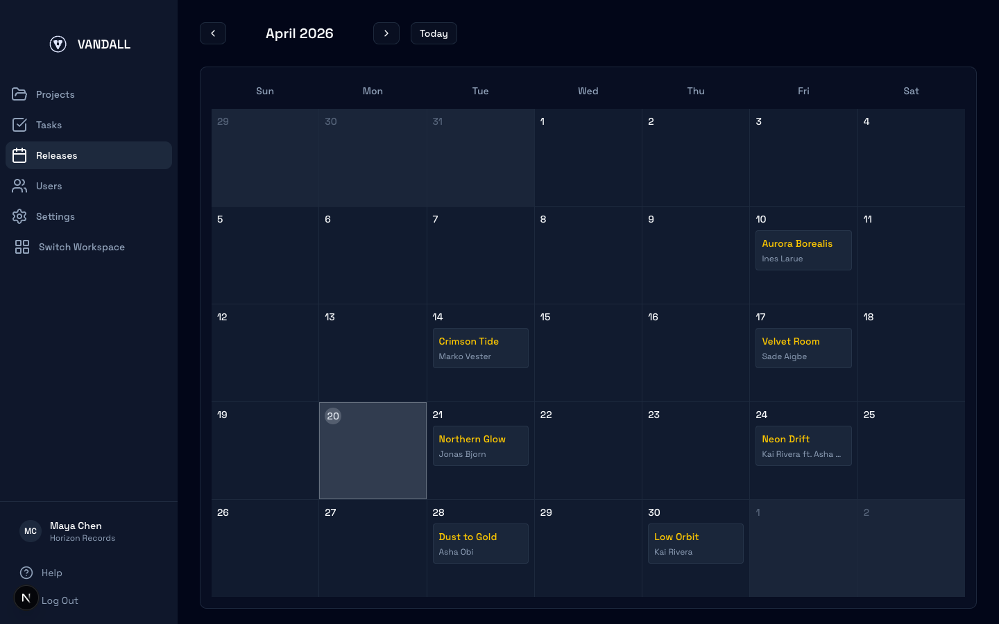 Release calendar