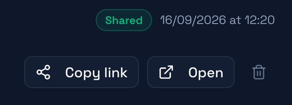 The Shared badge with the date it was shared, and Copy link and Open beside it