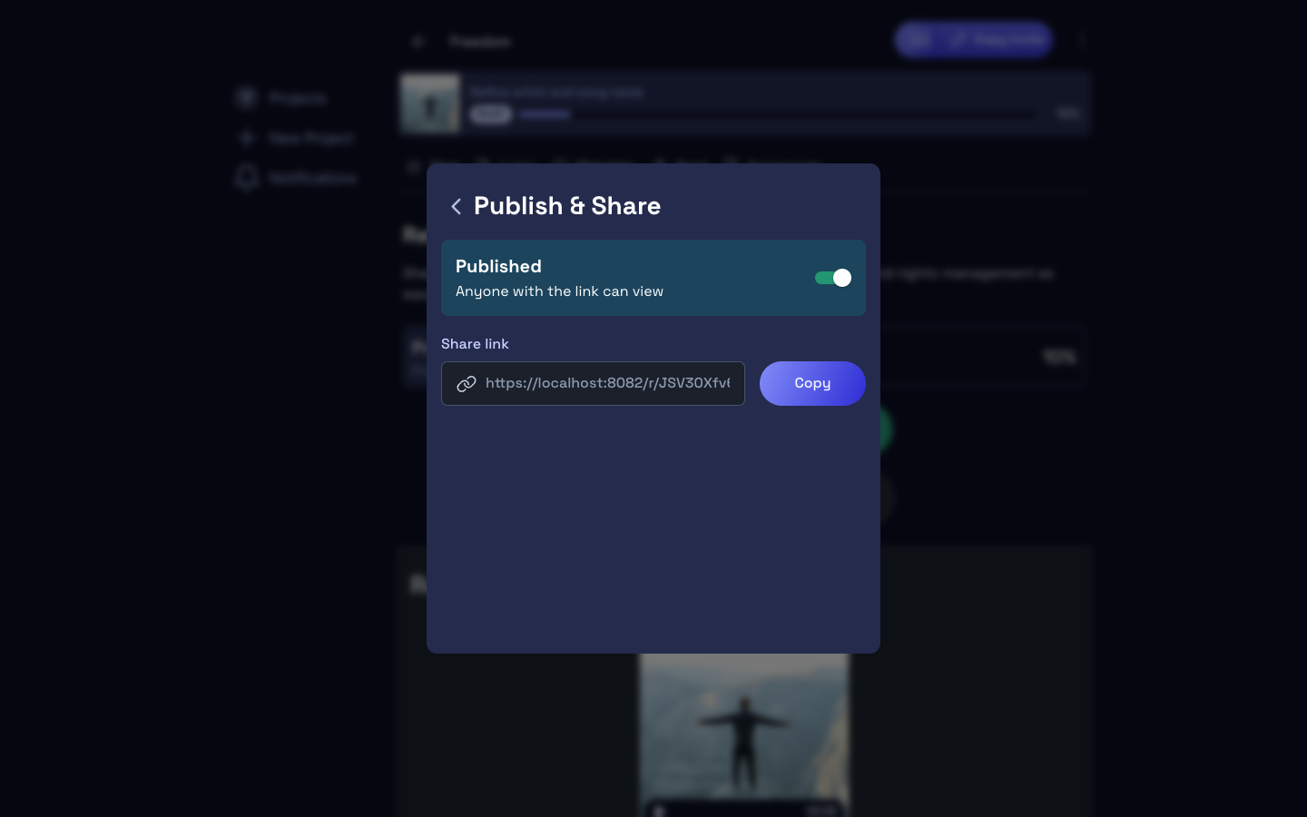Publish share dialog with copy link and download package options