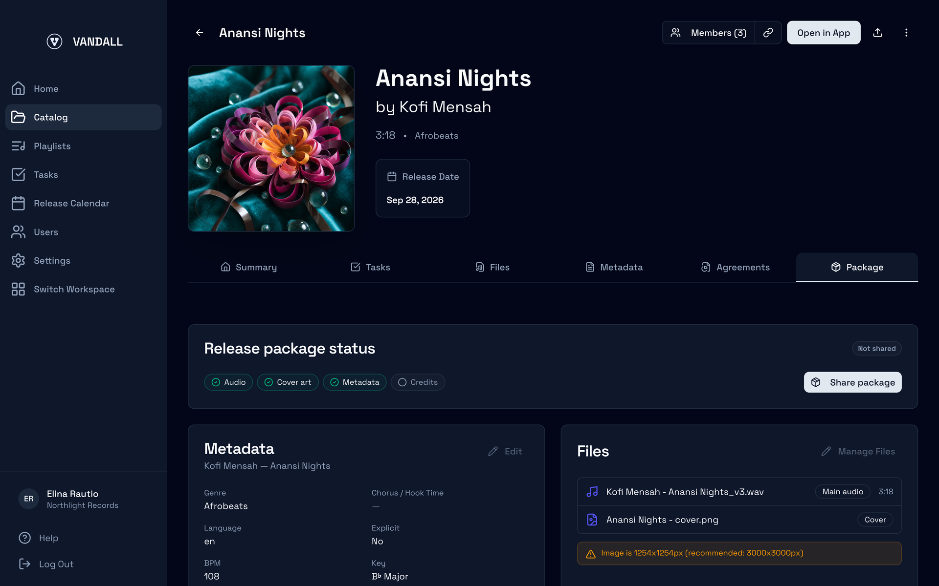 Anansi Nights’ Package tab: Audio, Cover art and Metadata ready, Credits not yet, Not shared, and the metadata and files below