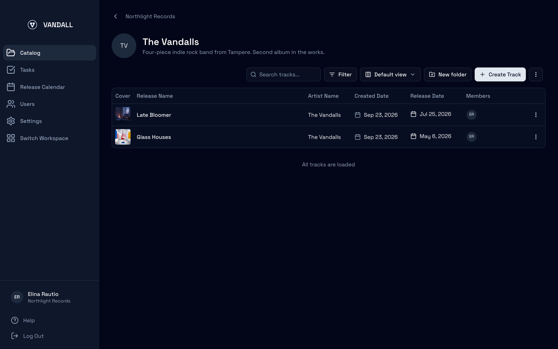 The Vandalls roster folder open in the Catalog with its description and the tracks Glass Houses and Late Bloomer