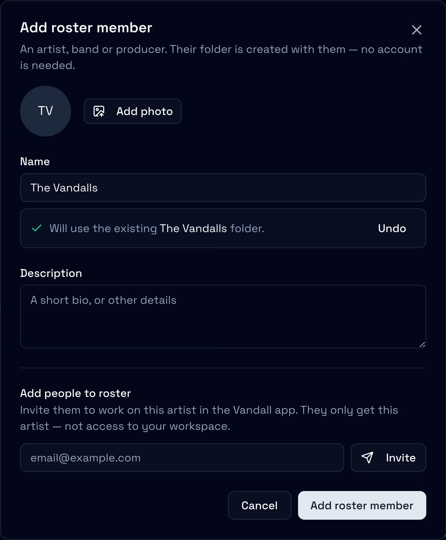 The Add roster member dialog confirming it will use the existing The Vandalls folder, with an Undo button