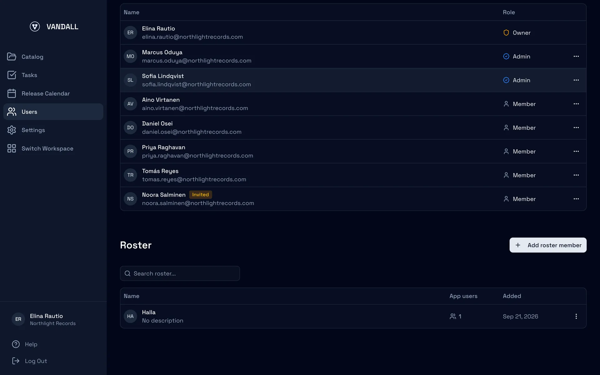 The Users page in Vandall Business: the team above, and the Roster section below it with its Add roster member button and the artist Halla