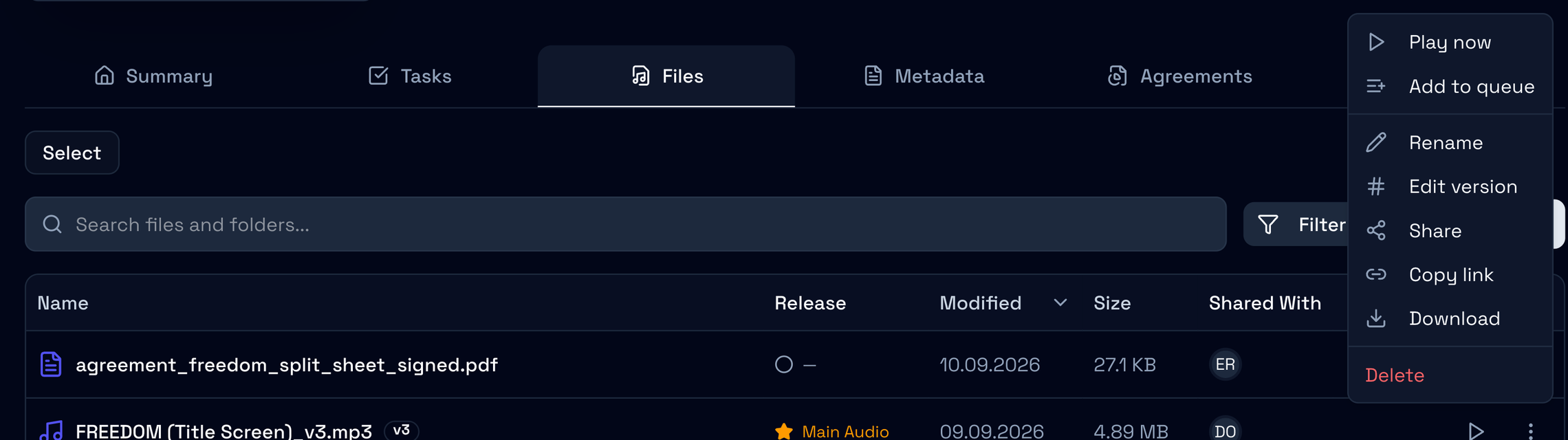The Freedom master’s row menu open: Play now, Add to queue, Rename, Edit version, Share, Copy link, Download and Delete