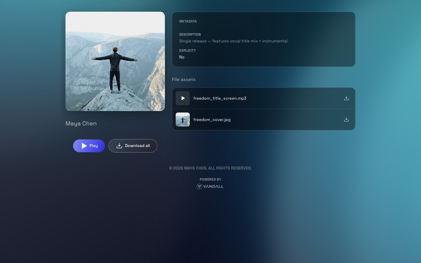Public share page showing cover, artist, audio players, and details
