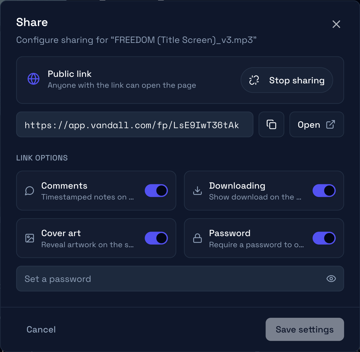 The Share dialog for FREEDOM (Title Screen)_v3.mp3 with Comments, Downloading, Cover art and Password switched on, and Save settings