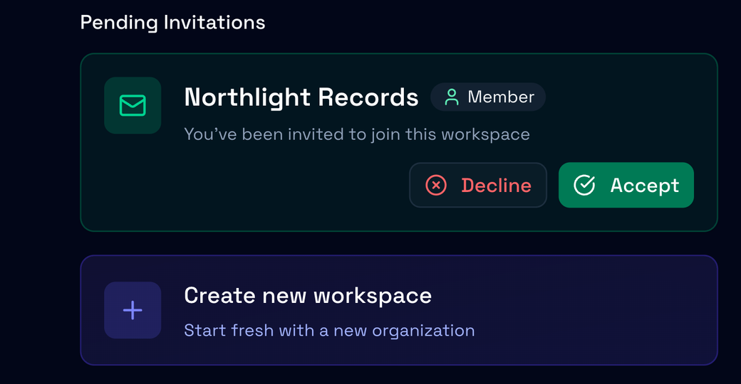 Pending Invitations: Northlight Records, offered as Member, with Decline and Accept