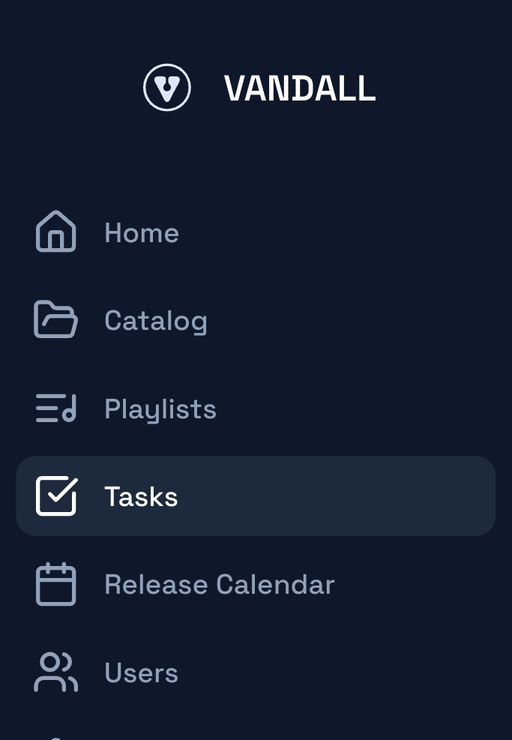 The Vandall Business sidebar: Catalog, Tasks, Release Calendar, Users, Settings and Switch Workspace