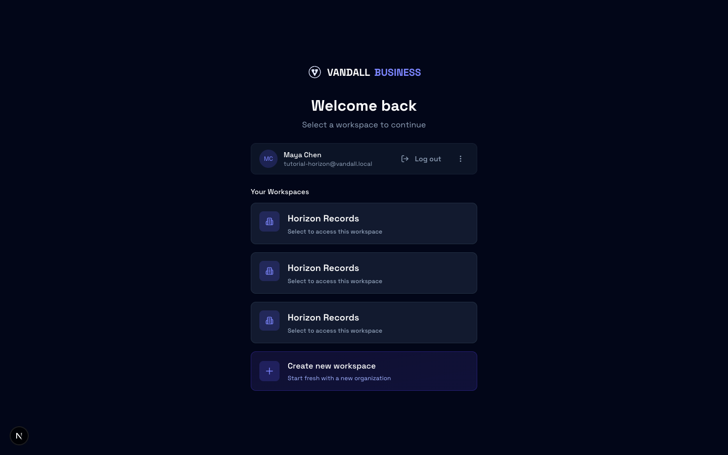 Workspace selector page with workspace cards