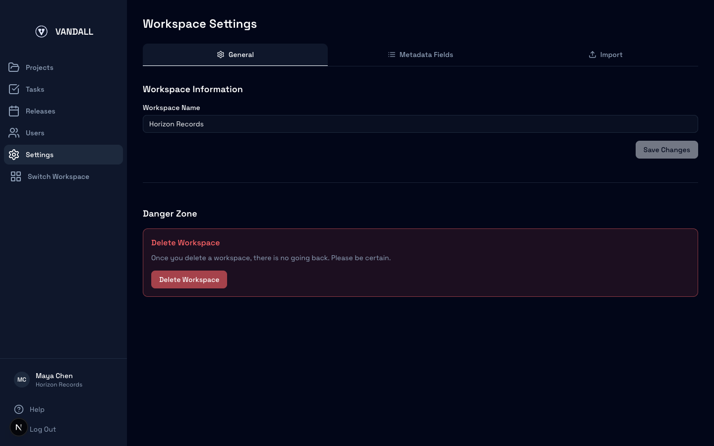 Workspace Settings showing General tab with workspace name form