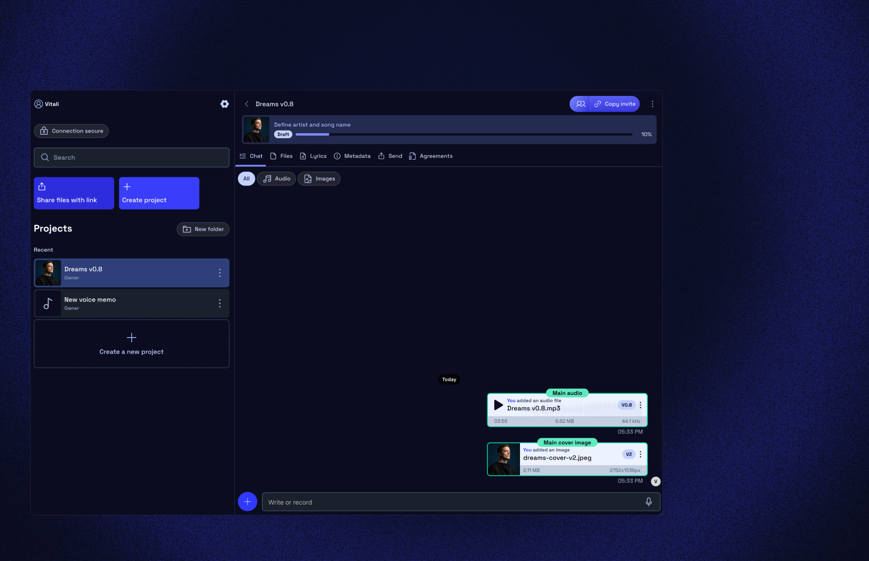 Vandall App on the web — project workspace with audio, versions, and comments