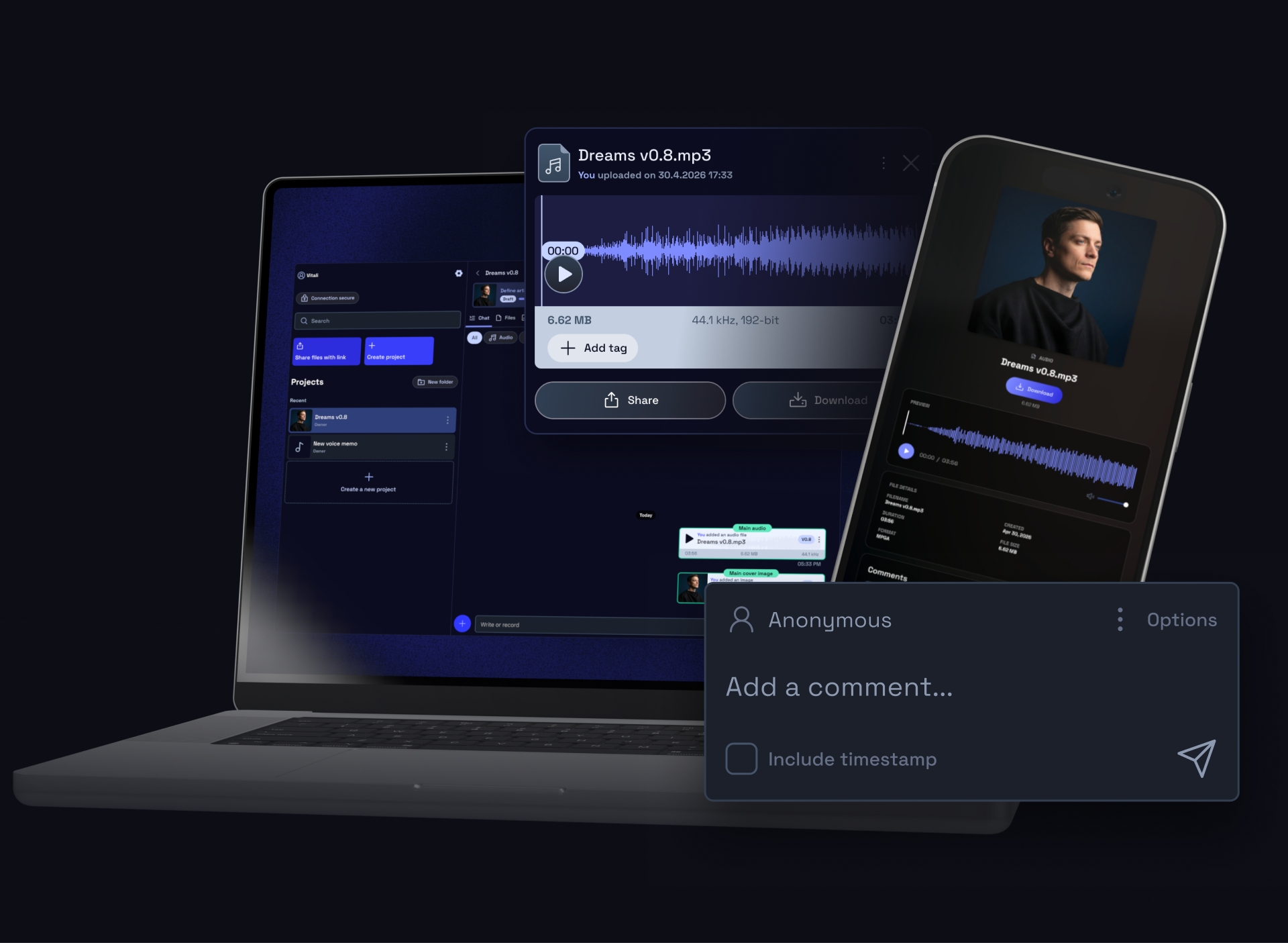 Vandall share-link interface with desktop, phone, waveform, share button, and timestamp comment input