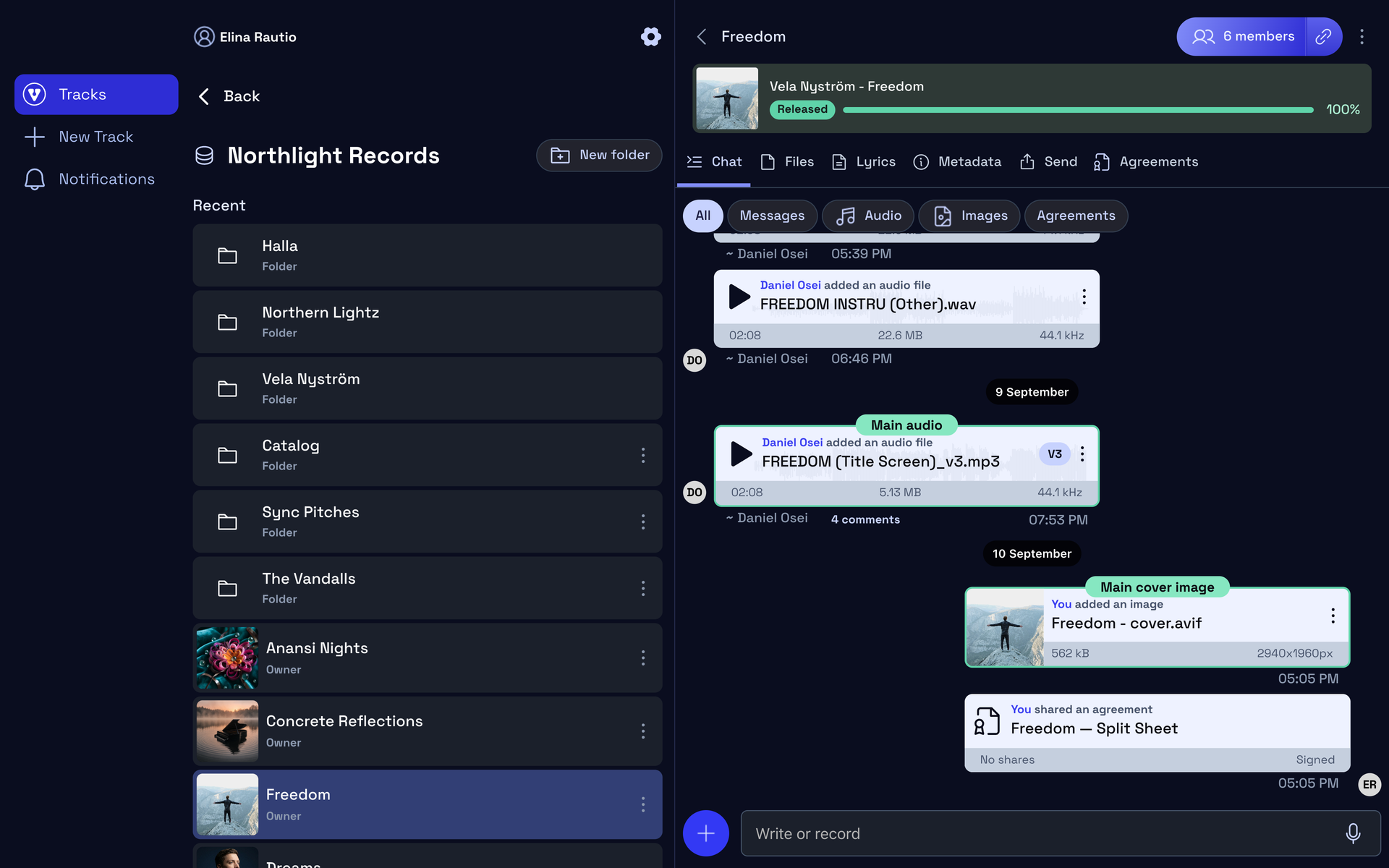 A Vandall creator account: seven named tracks with cover art, and one project open with its collaborators, two numbered versions of the same mix, five comments and a signed split sheet
