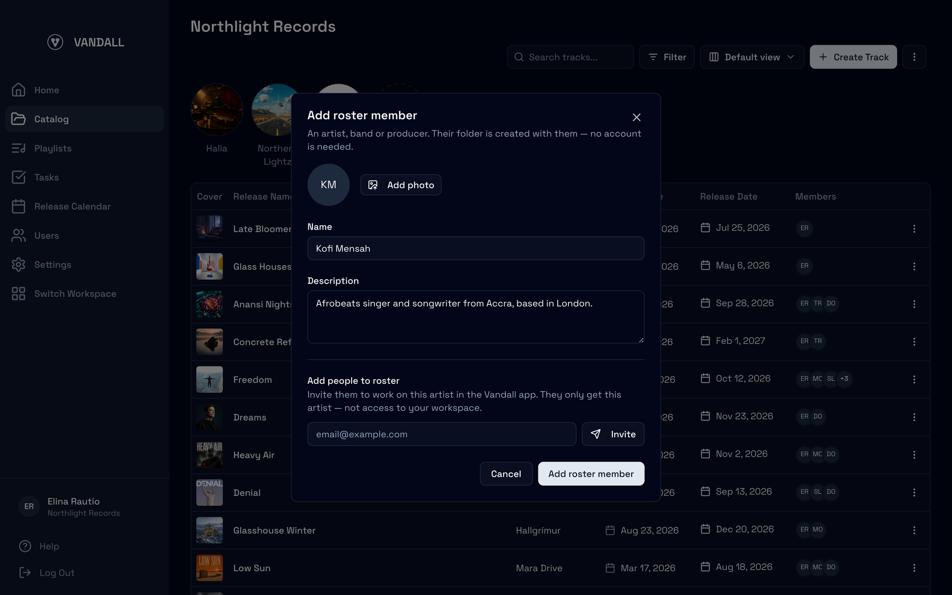 The Add roster member dialog: name, description and photo, and an invite field under "Add people to roster" with the line that they only get this artist, not access to your workspace