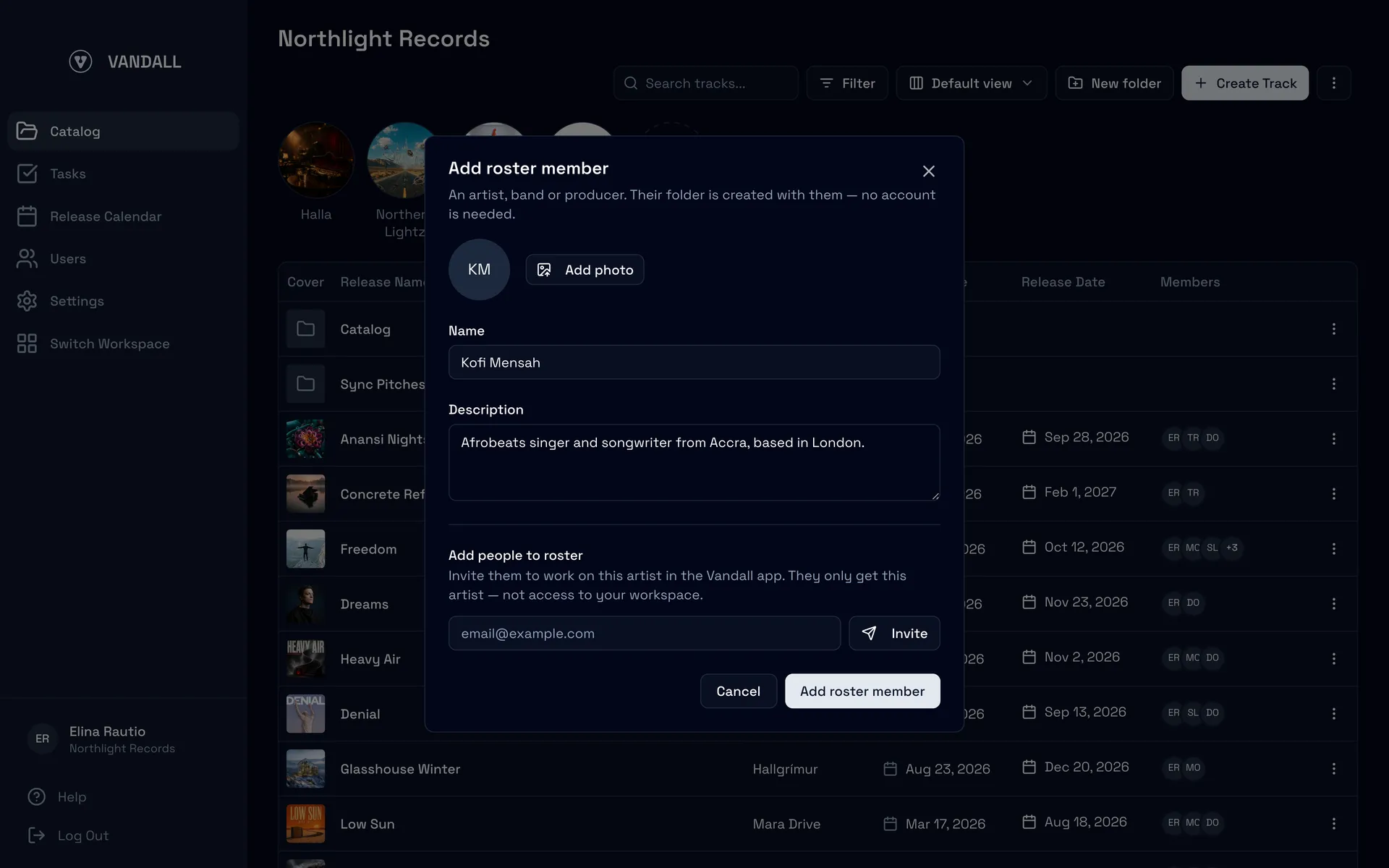The Add roster member dialog: name, description and photo, with an invite field under Add people to roster