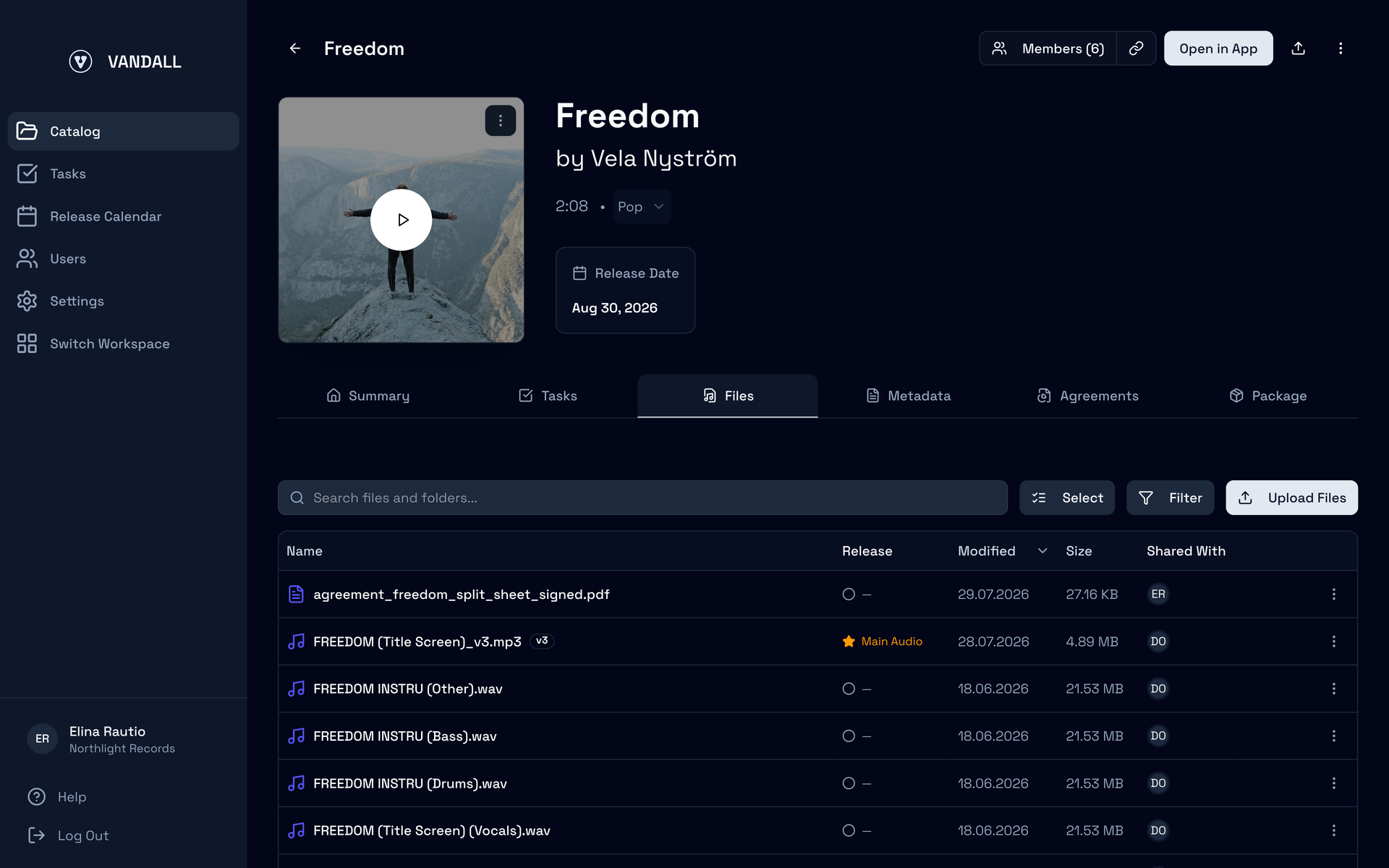 A release in Vandall Business with its files and version history — filled by the artist from the app, visible to the team as it happens