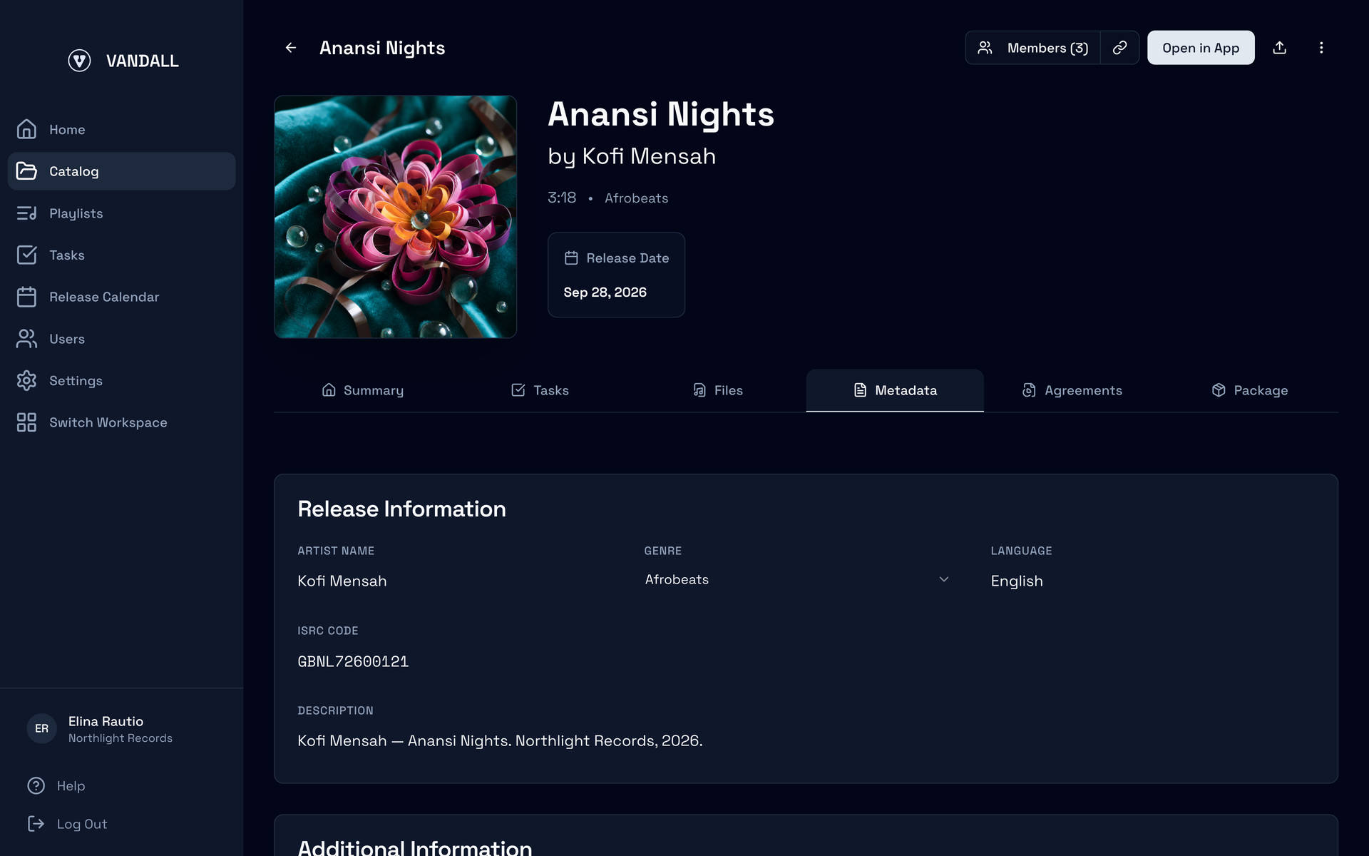 Vandall Business metadata and credits on a release, ready for delivery