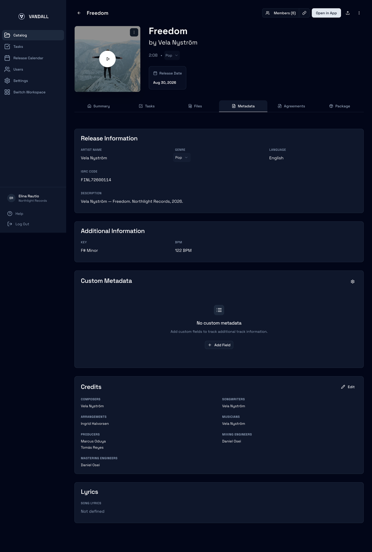 Vandall Business release metadata with validated ISRC, contributors and release information — the data the package ships with