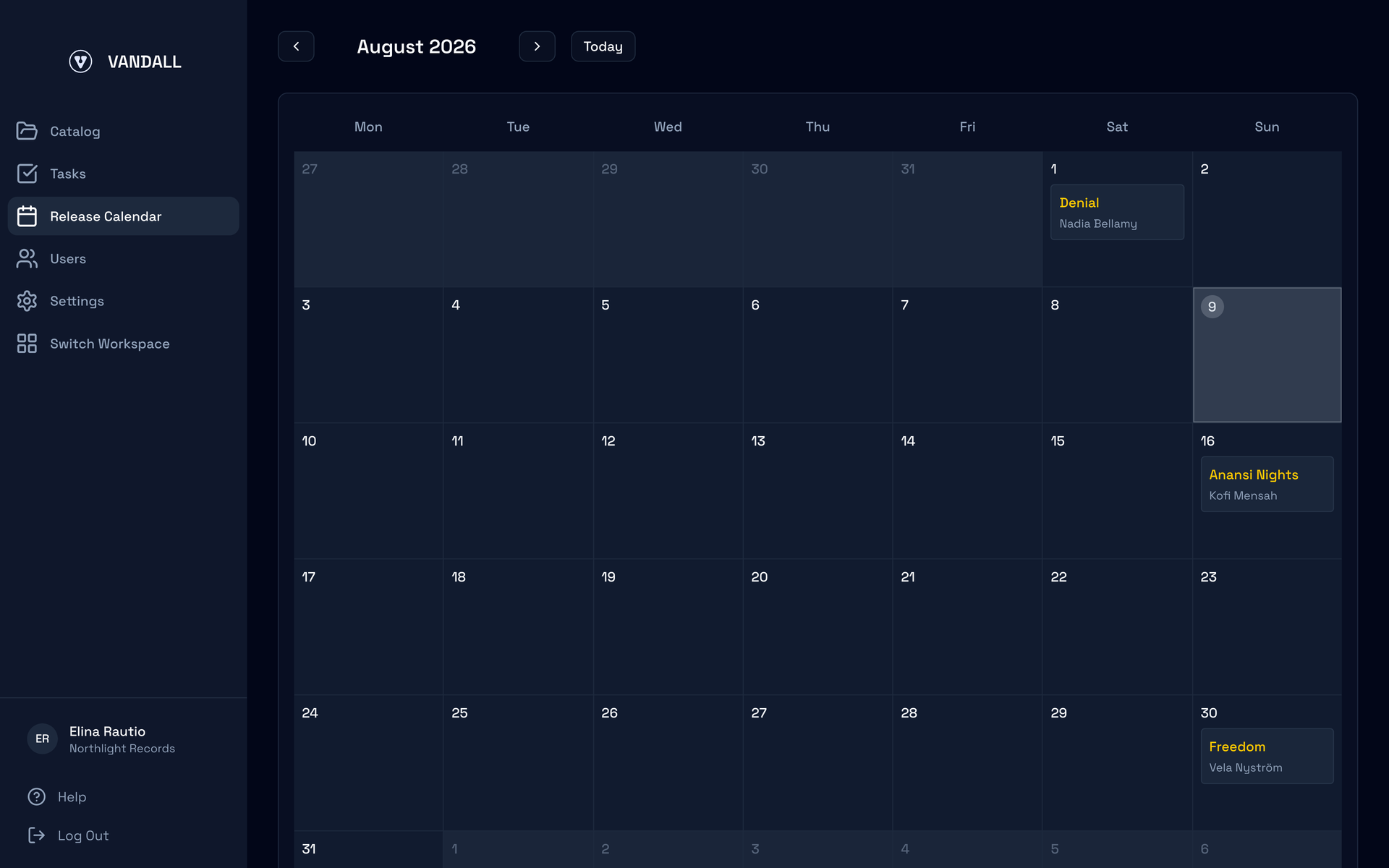 The Vandall Business release calendar with the whole roster’s dates on one monthly grid