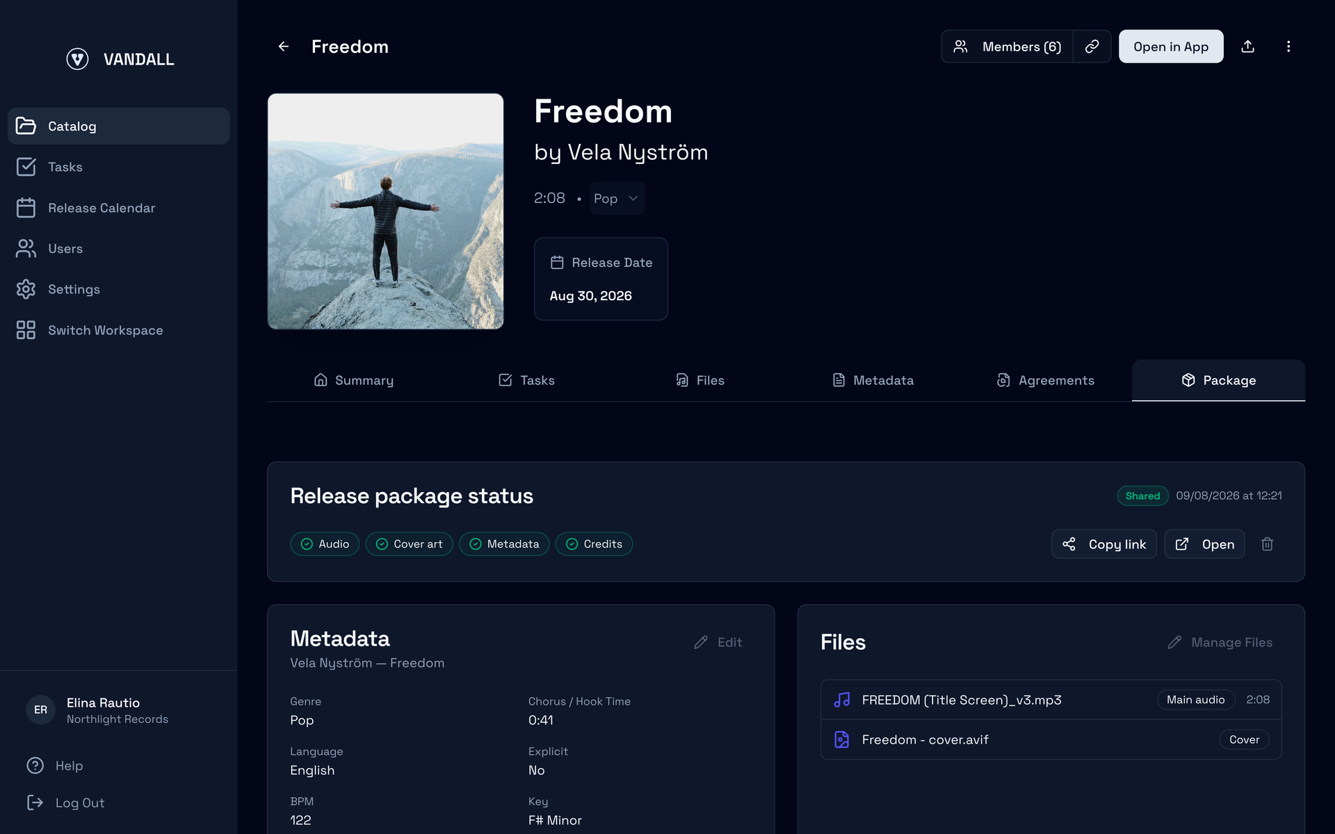 The Vandall Business release package view showing what the deliverable contains and what is still missing