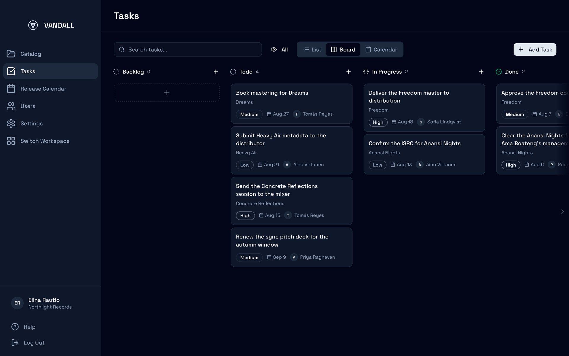 The Vandall Business tasks board, with roster work moving through its five stages