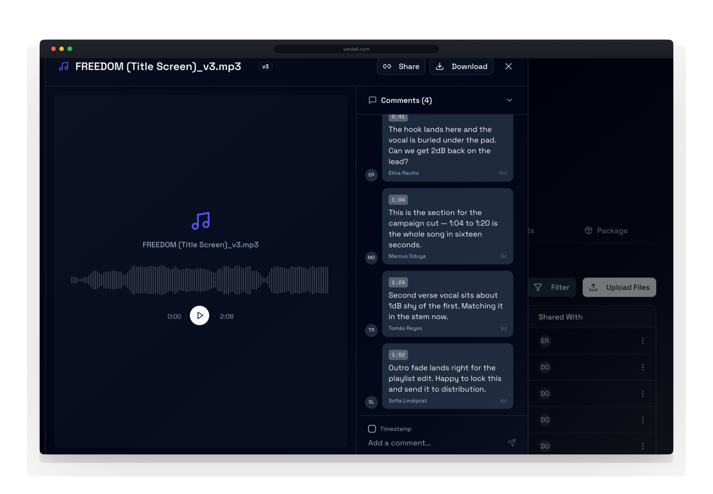 A mix open in Vandall with its waveform and four comments pinned to their own timestamps — 0:41, 1:04, 1:24 and 1:52 — each written by a named person about that moment in the audio
