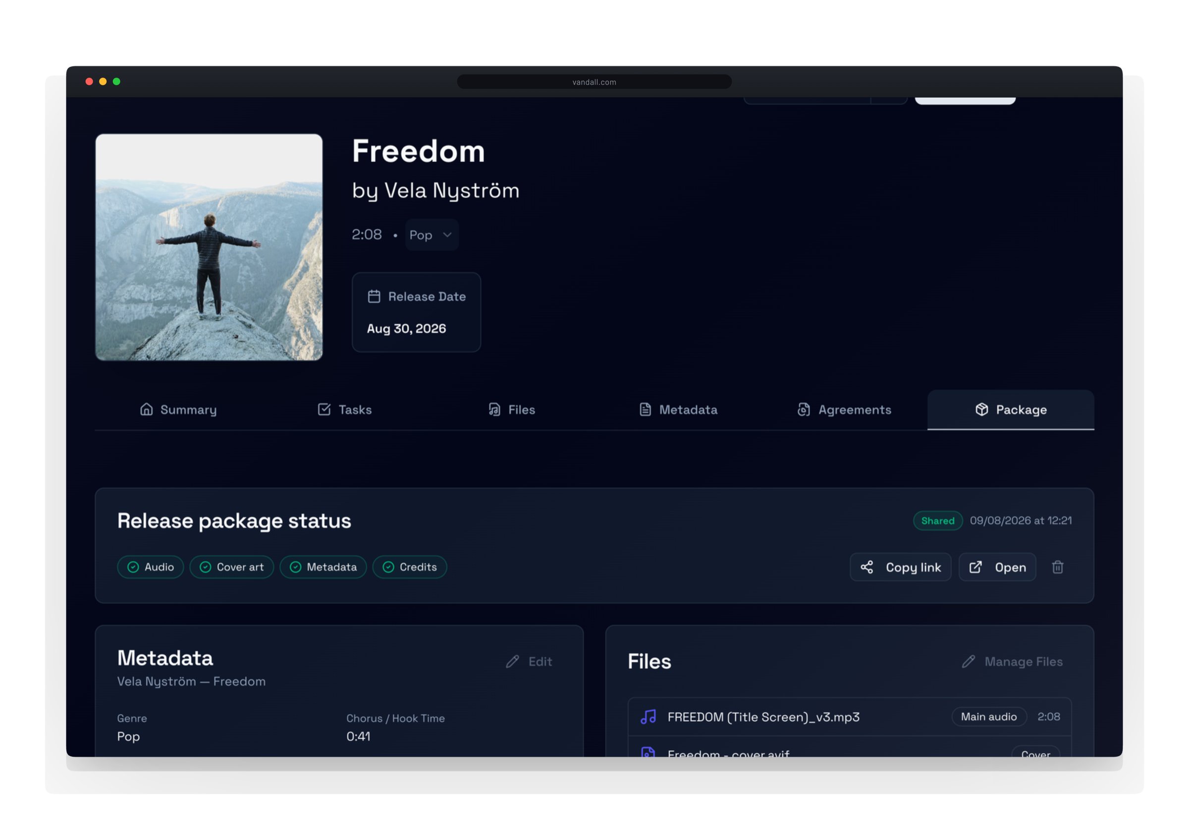The Vandall release package tab with readiness checks, sharing controls, metadata and files