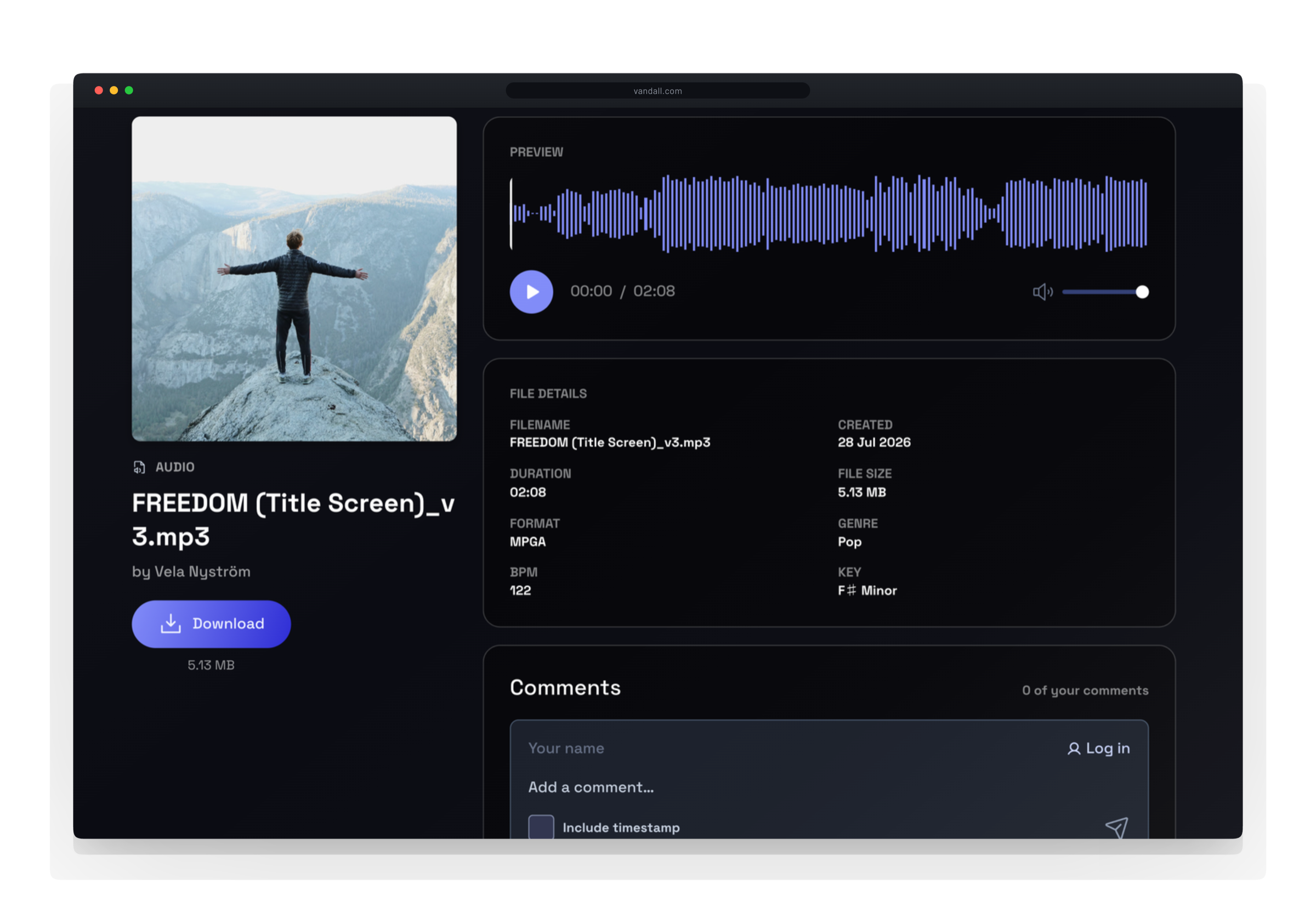 The page a recipient with no account opens from a Vandall link: cover art, the file named and credited, a download with its size, and a waveform under a transport