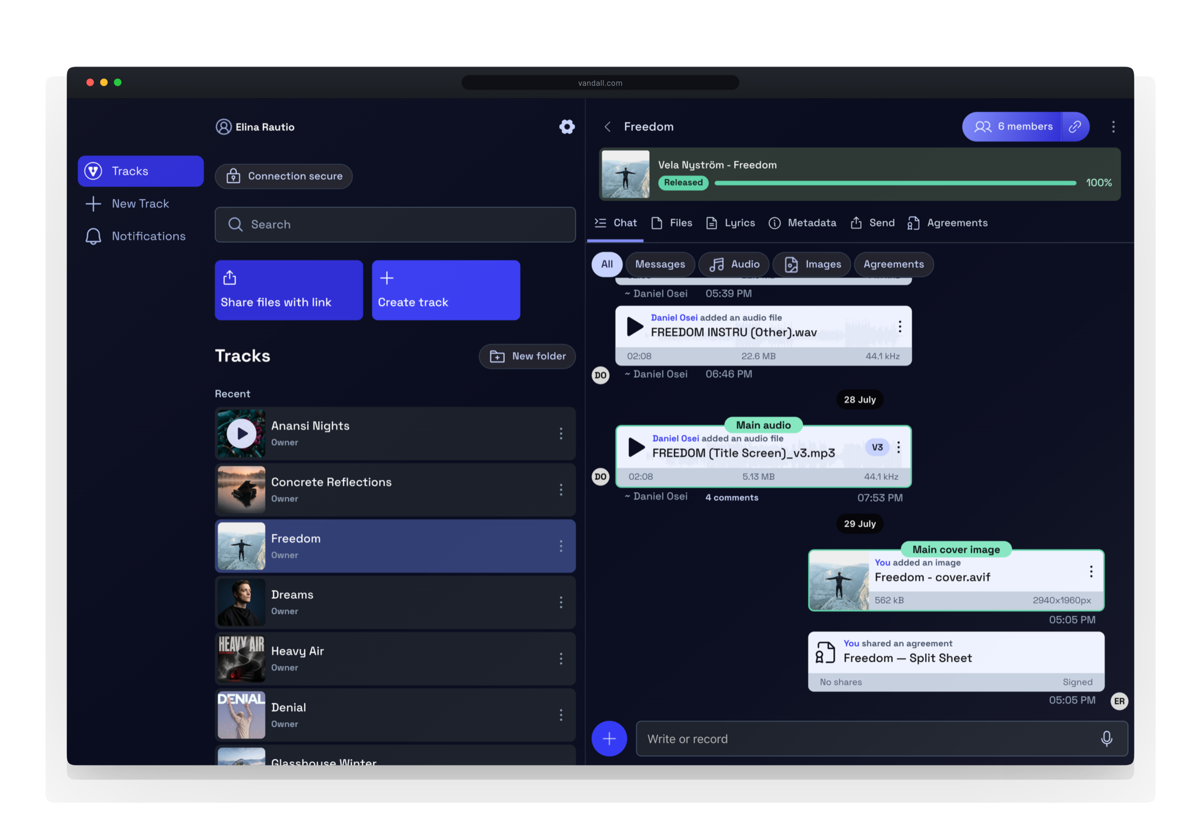 A Vandall creator project with named tracks, audio versions, waveforms and conversation in one workspace